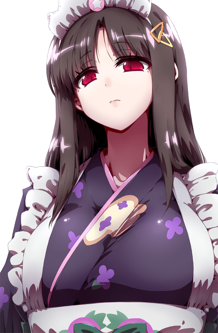 1girl, aloe_(fantasista_doll), apron, black_hair, breasts, fantasista_doll, frown, hair_ornament