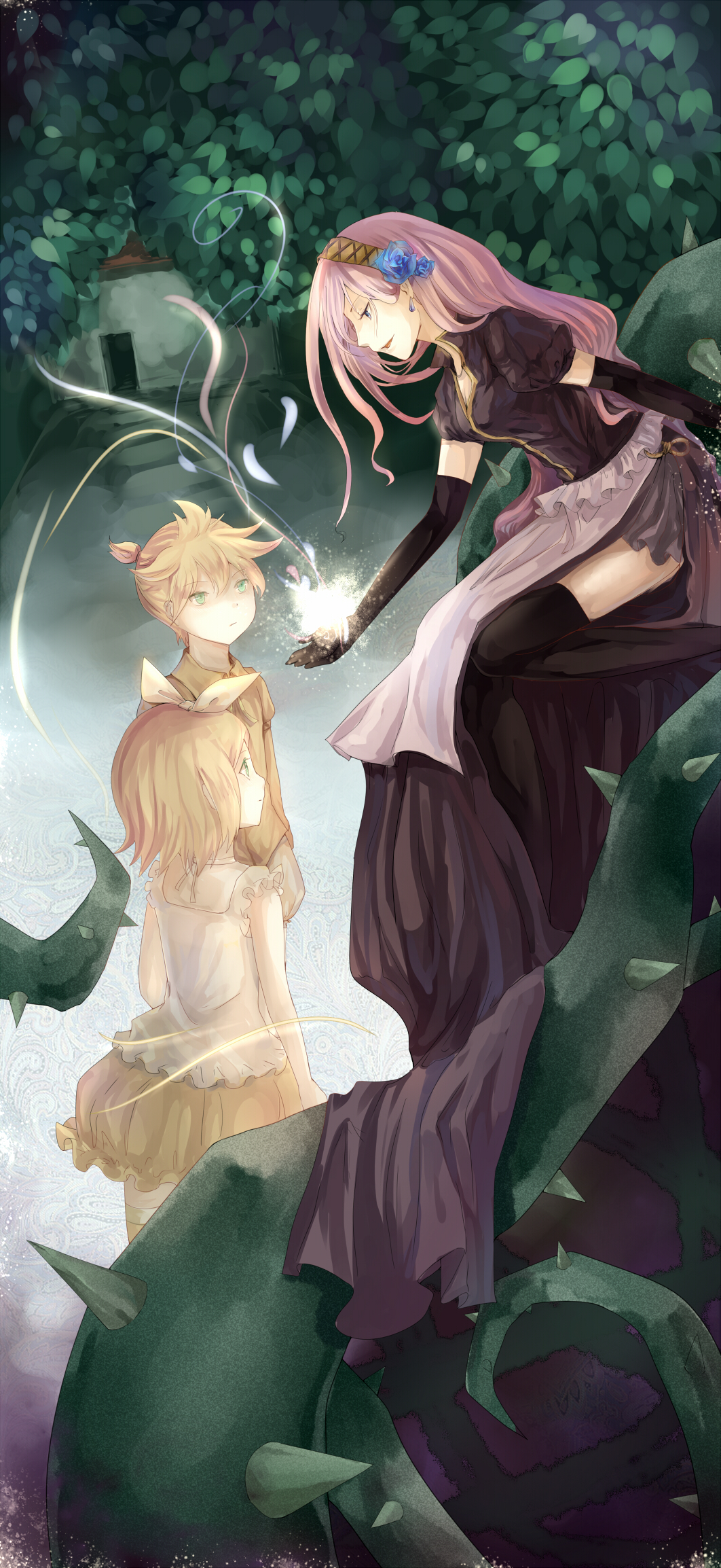 bangs, blonde_hair, blue_eyes, blue_rose, dress, earrings, elbow_gloves, flower, frills, gathers, gloves, glowing, hairband, highres, jewelry, kagamin, kagamine_len, kagamine_rin, leaf, light_particles, long_hair, magic, megurine_luka, open_mouth, pink_hair, profile, rifsom, rose, short_hair, side_slit, skirt, stare, thigh-highs, thighhighs, thorns, very_long_hair, vocaloid