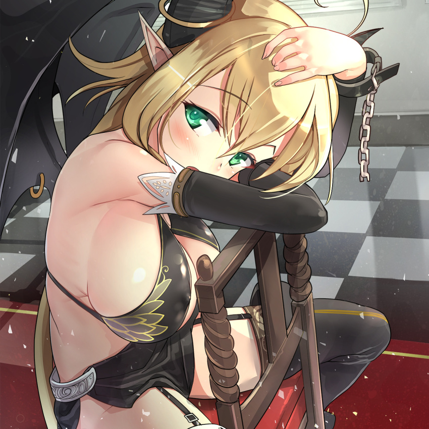 1girl, ahoge, bikini_top, black_boots, black_legwear, blonde_hair, blush, boots