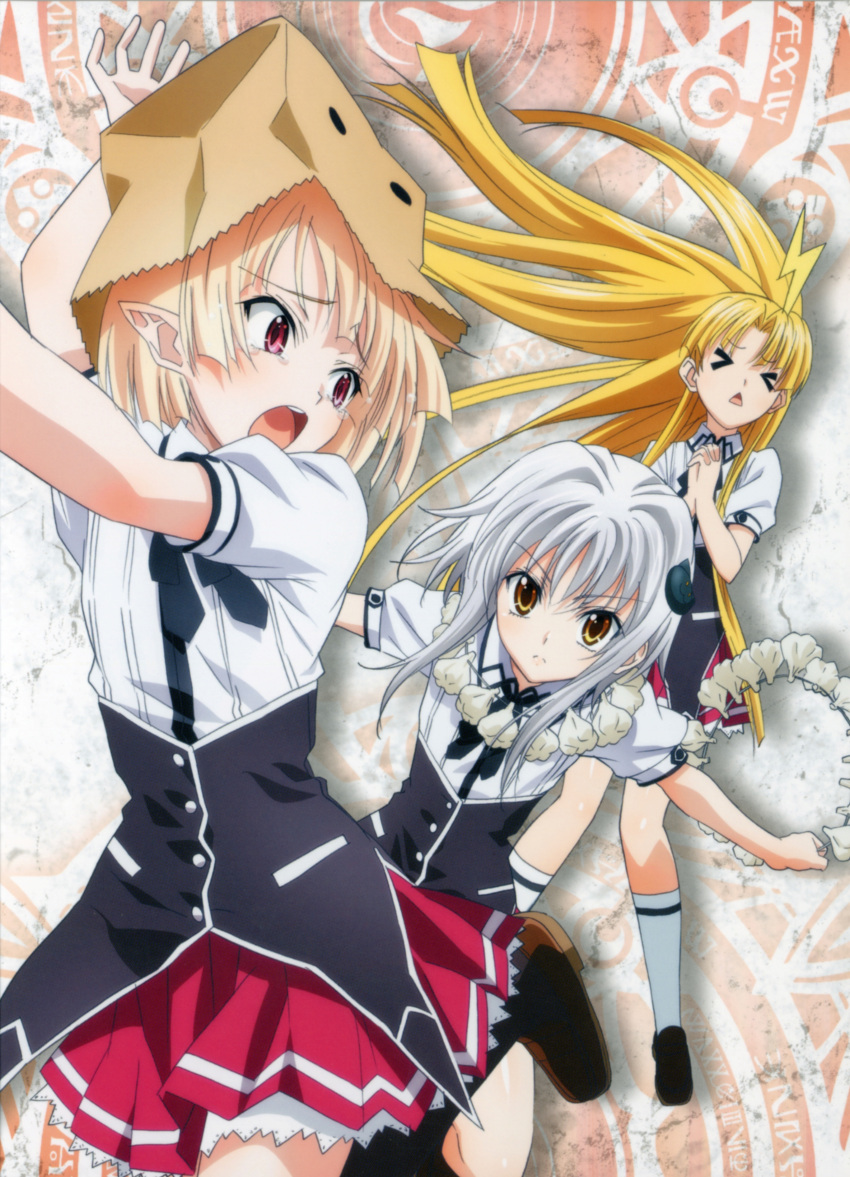 >_<, 1boy, 2girls, absurdres, asia_argento, bag, blonde_hair, cat_hair_ornament