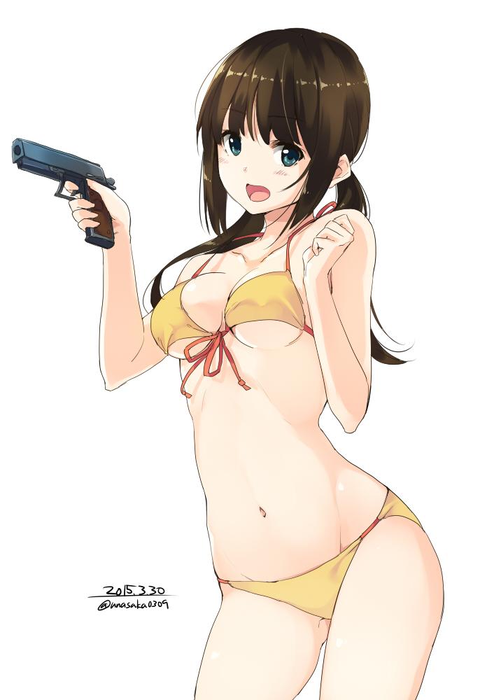 1girl, bikini, blue_eyes, breasts, brown_hair, cleavage, cocked_hammer, contrapposto