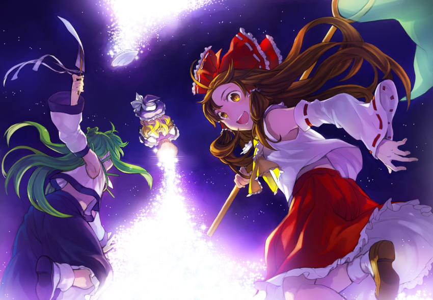 blonde_hair, bow, broom, brown_hair, butterfly_net, detached_sleeves, frog, green_hair