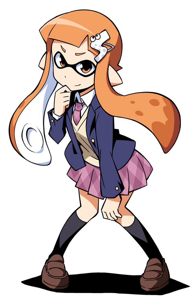 1girl, anbe_masahiro, hair_ornament, hairclip, hand_on_knee, inkling, loafers, necktie