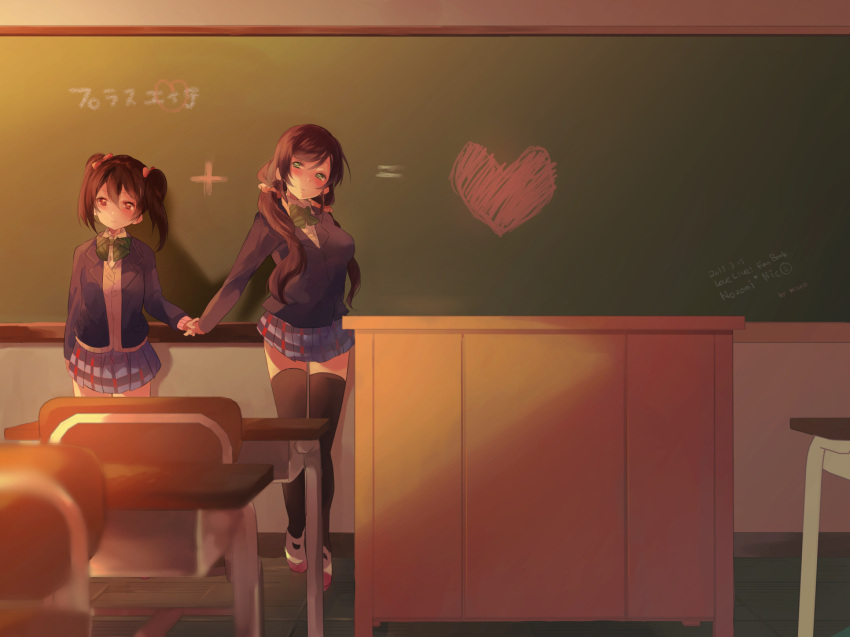 2girls, artist_name, black_legwear, blazer, bow, chalkboard, classroom, cover