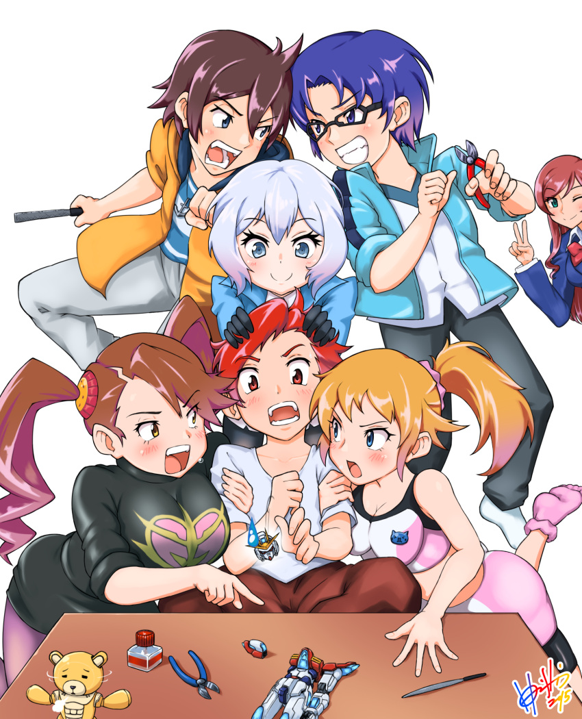 3boys, 4girls, beargguy_iii, blonde_hair, blue_hair, brown_hair, build_burning_gundam, file, grin, gundam, gundam_build_fighters, gundam_build_fighters_try, highres, hori_shin, hoshino_fumina, kamiki_mirai, kamiki_sekai, kijima_shia, kousaka_yuuma, multiple_boys, multiple_girls, one_eye_closed, pantyhose, ponytail, redhead, sakai_minato, sazaki_kaoruko, smile, sweatdrop, twintails, wire_cutters