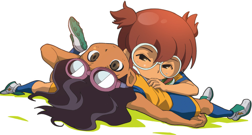 2boys, blush, brown_hair, dark_skin, glasses, goggles, goggles_on_head, hamano_kaiji
