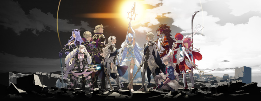 5boys, 6+girls, anklet, aqua_hair, armor, axe, barefoot, blonde_hair