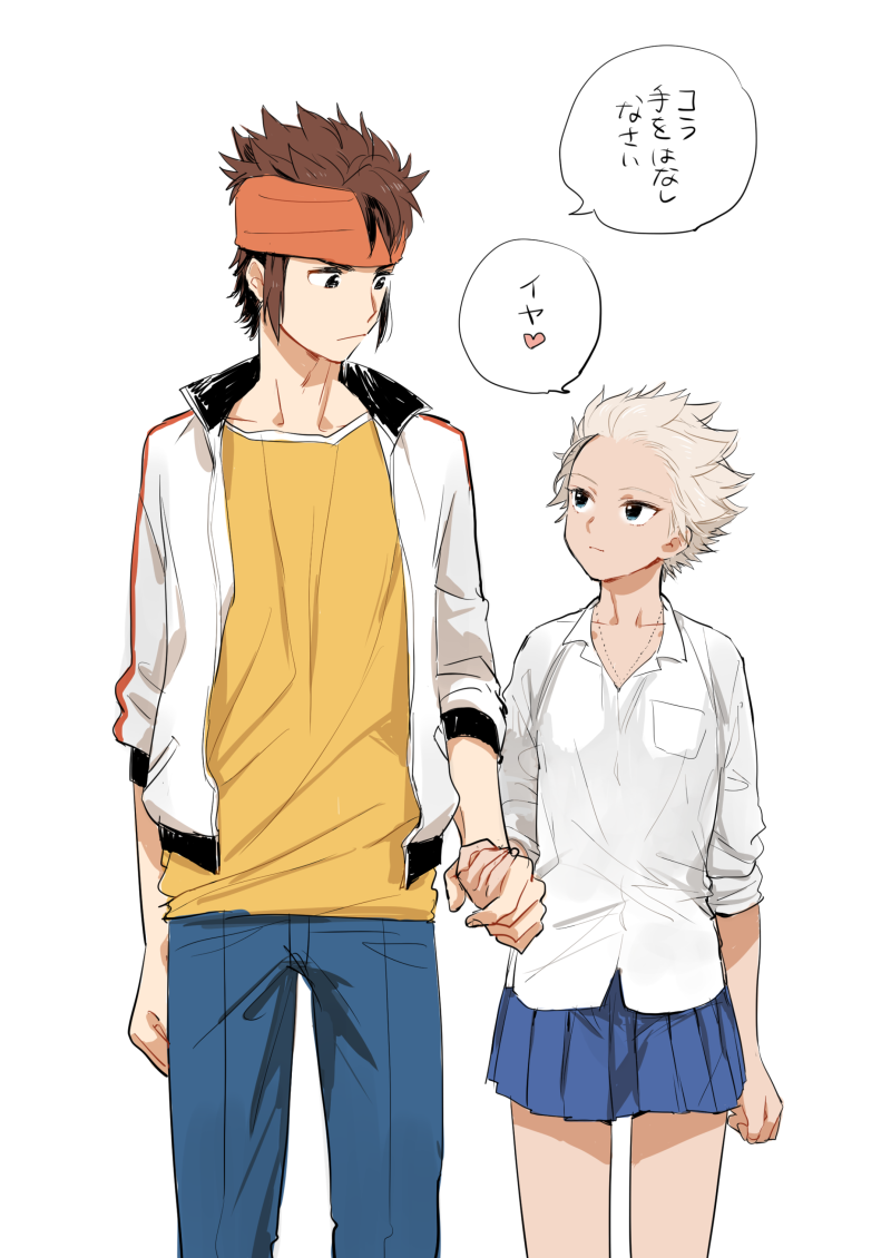 1boy, 1girl, age_difference, brown_hair, endou_mamoru, genderswap, gouenji_shuuya, height_difference