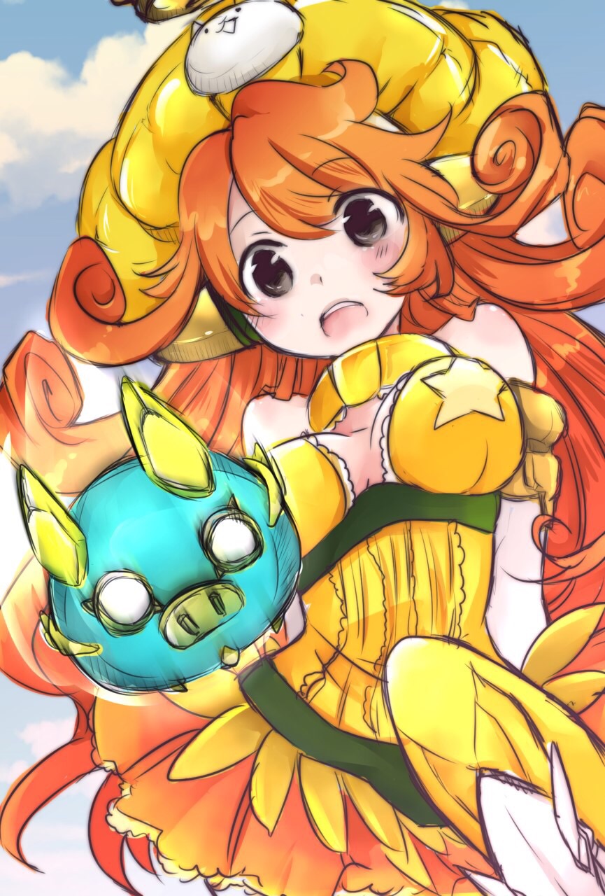 1girl, :o, bare_shoulders, black_eyes, breasts, cat_(battle_cats), cleavage, clouds, collar, dress, earmuffs, highres, kai_(battle_cats), large_hat, long_hair, minazuki_hotaru, nyanko_daisensou, open_mouth, orange_hair, pig, robot, sky, tonton_(battle_cats), yellow_dress