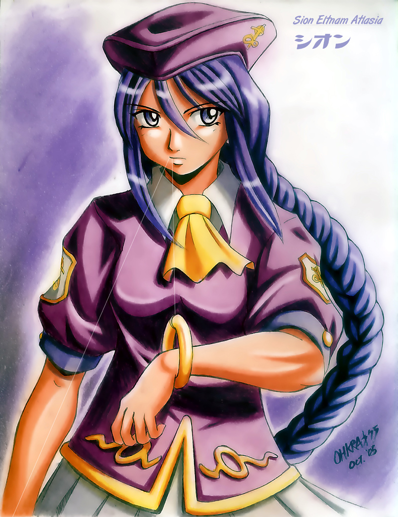 1girl, 2005, beret, braid, hat, jewelry, joseph_paraiso, long_hair, mouth_hold, purple_hair, single_braid, sion_eltnam_atlasia, solo, string, tsukihime, violet_eyes