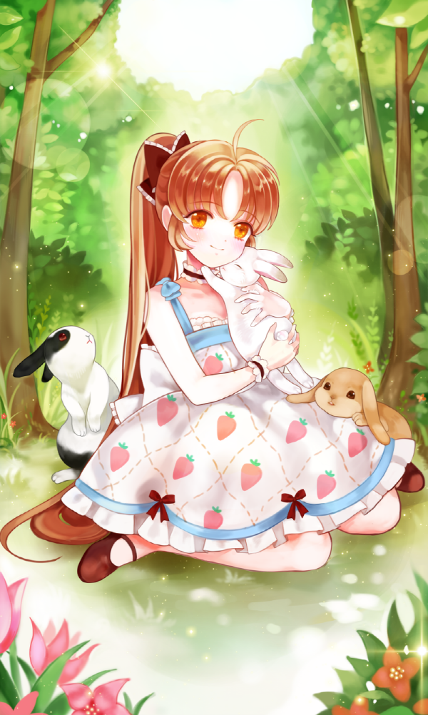 1girl, brown_hair, bud89, dress, flower, hair_ribbon, hug, long_hair, mary_janes, nature, orange_eyes, original, ponytail, rabbit, ribbon, shoes, sitting, smile, solo, tree, wariza