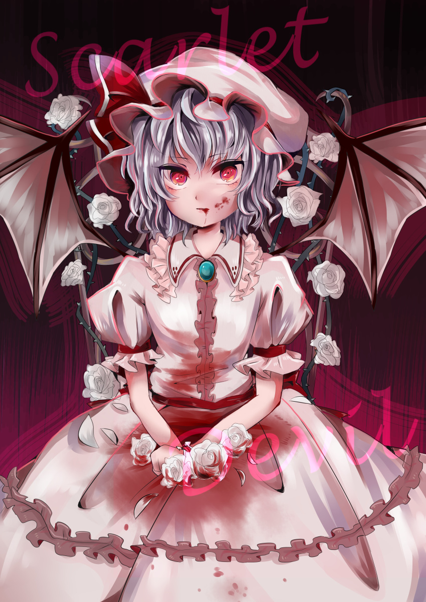 1girl, absurdres, bat_wings, blood, blood_in_mouth, blood_on_face, bloody_clothes, bloody_rose