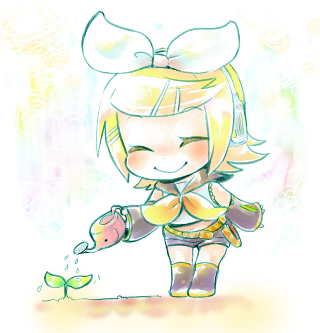 chibi, closed_eyes, detached_sleeves, hair_ornament, hair_ribbon, hairclip, headphones, kagamine_rin