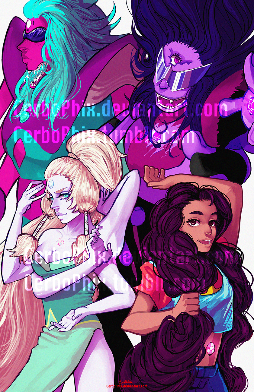 1non-binary, 3girls, alexandrite_(steven_universe), cerbophix, extra_arms, extra_eyes, extra_mouth, fusion