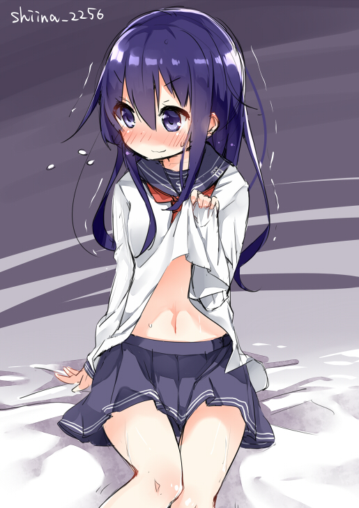 1girl, akatsuki_(kantai_collection), black_hair, blue_eyes, blush, kantai_collection, long_hair, looking_away