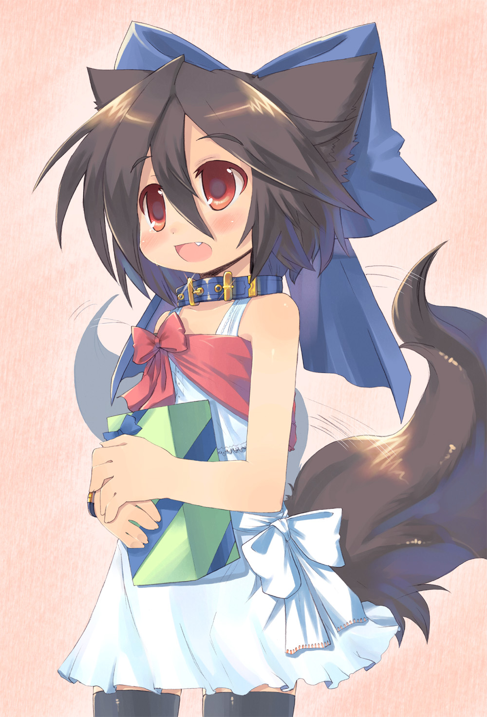 1girl, :d, blue_collar, blush, bow, brown_hair, child, cocoa_(toba), collar, dog_ears, dog_tail, dress, eyebrows_visible_through_hair, fang, gift, hair_bow, highres, holding, holding_gift, original, red_eyes, short_hair, smile, solo, tail, tail_wag, tail_wagging, thigh-highs, thighhighs, toba_hiyoko
