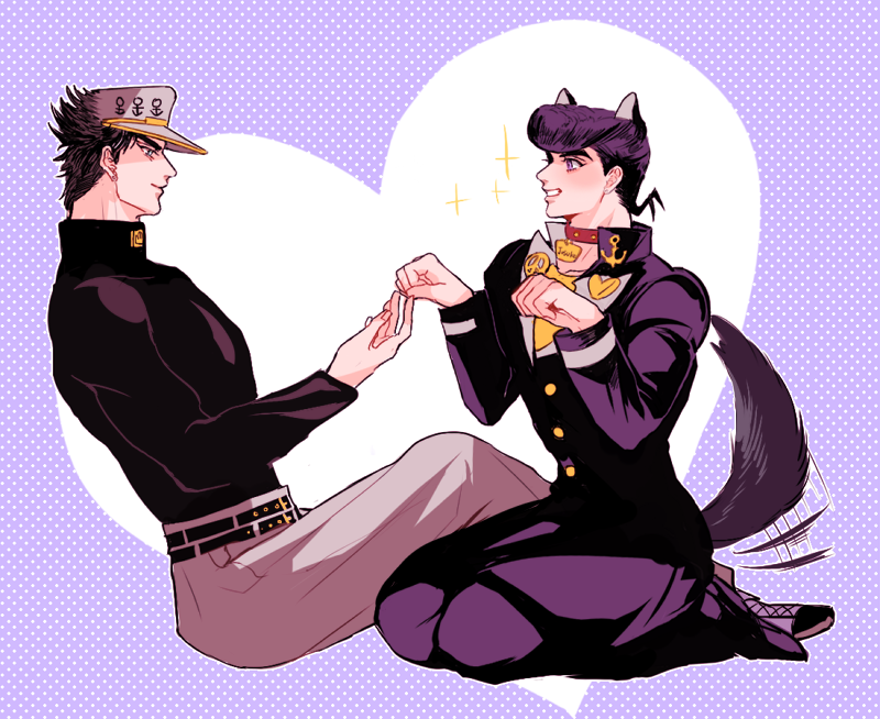 2boys, animal_ears, dog_ears, dog_tail, gakuran, gunbam, hat, higashikata_jousuke, jojo_no_kimyou_na_bouken, kemonomimi_mode, kuujou_joutarou, multiple_boys, paw_pose, pompadour, purple_hair, school_uniform, tail, tail_wagging, turtleneck