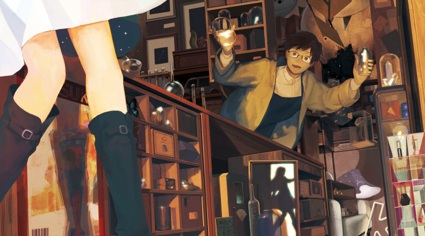 1boy, black_hair, bottle, box, crystal, erlenmeyer_flask, glasses, highres