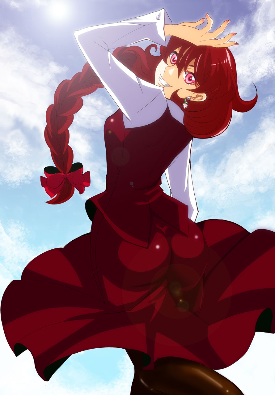 1girl, ass, braid, clouds, earrings, food, fruit, hair_ribbon