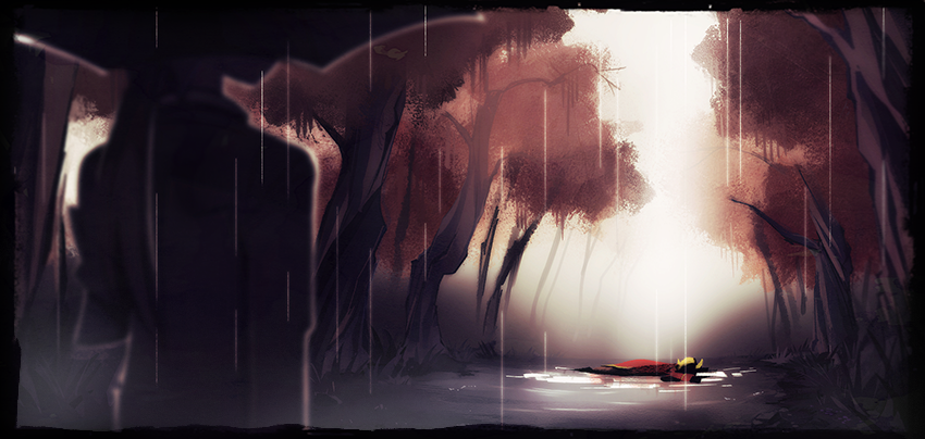 black_border, blurry, border, depth_of_field, face_down, forest, from_behind, long_hair, lying, monoka, nature, original, outdoors, rain, tree, umbrella