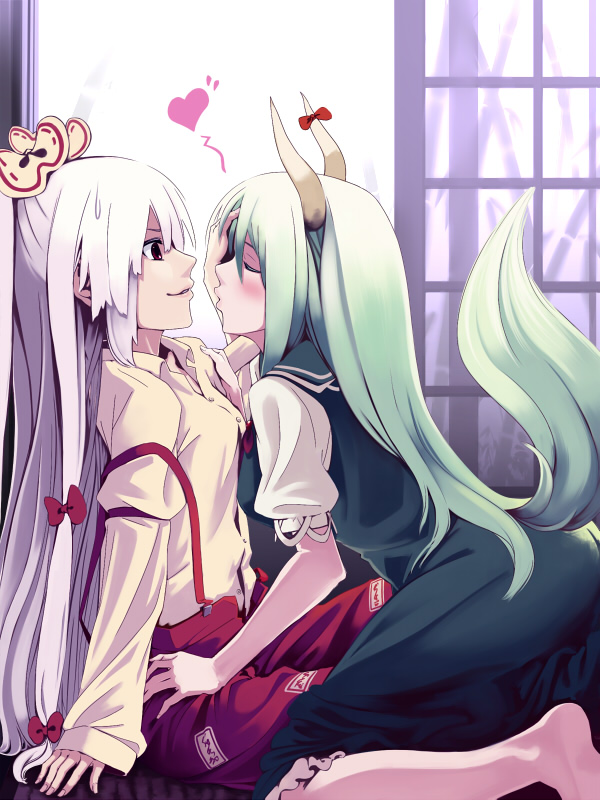 barefoot, blush, closed_eyes, ex-keine, ex_keine, fujiwara_no_mokou, green_hair, hair_ribbon