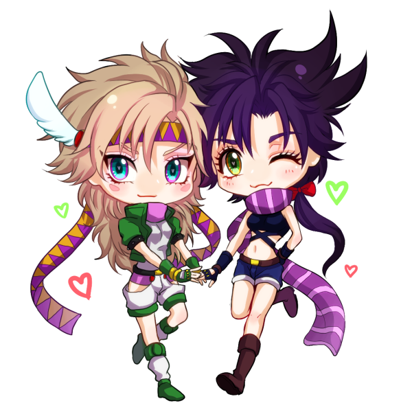 blonde_hair, brown_hair, caesar_anthonio_zeppeli, chibi, genderswap, headband, jojo_no_kimyou_na_bouken, joseph_joestar_(young), kedouinkororu, long_hair, ponytail, scarf