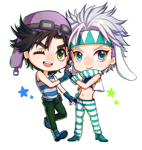 2boys, animal_ears, aviator_hat, black_hair, caesar_anthonio_zeppeli, chibi, headband, jojo_no_kimyou_na_bouken