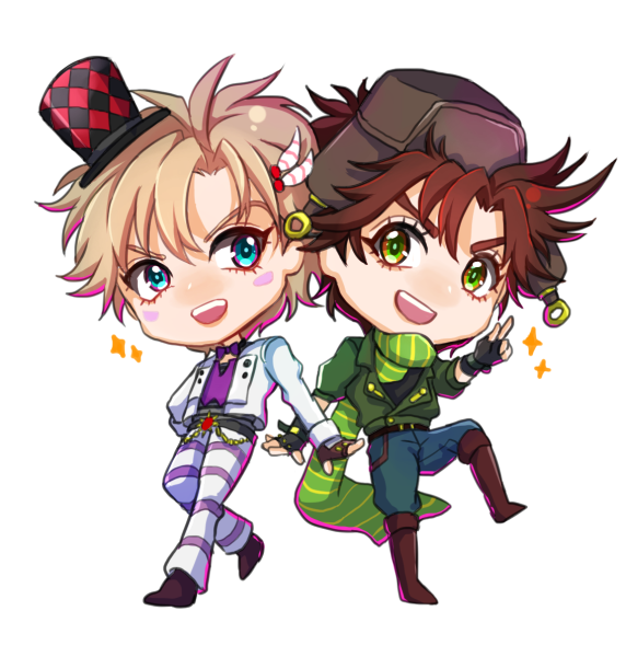 2boys, blonde_hair, brown_hair, caesar_anthonio_zeppeli, chibi, hat, jojo_no_kimyou_na_bouken, joseph_joestar_(young)