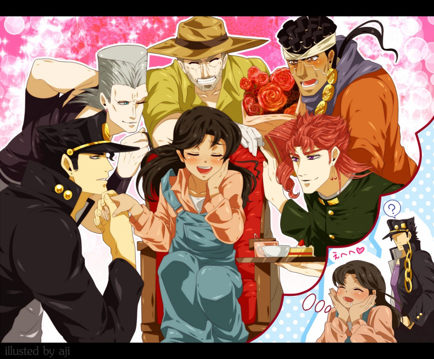 1girl, 5boys, ?, after_satellites, black_hair, blush, cake, dreaming, drooling, earrings, engrish, flower, food, fruit, gakuran, grey_hair, hair_grab, hat, heart, holding_hands, jean_pierre_polnareff, jewelry, jojo_no_kimyou_na_bouken, joseph_joestar, kakyouin_noriaki, kuujou_joutarou, mohammed_avdol, multiple_boys, open_mouth, ranguage, redhead, runaway_girl_(jojo), school_uniform, slice_of_cake, speech_bubble, spoken_question_mark, strawberry, strawberry_shortcake, thought_bubble