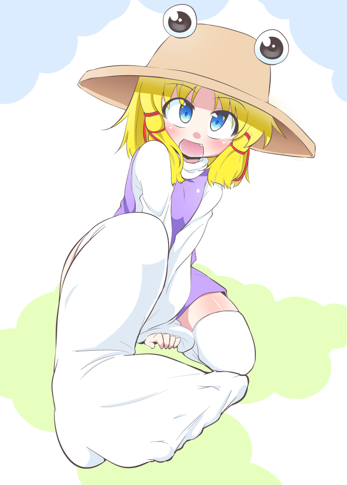 1girl, blonde_hair, blue_eyes, blush, hair_ornament, hat, moriya_suwako, obyaa