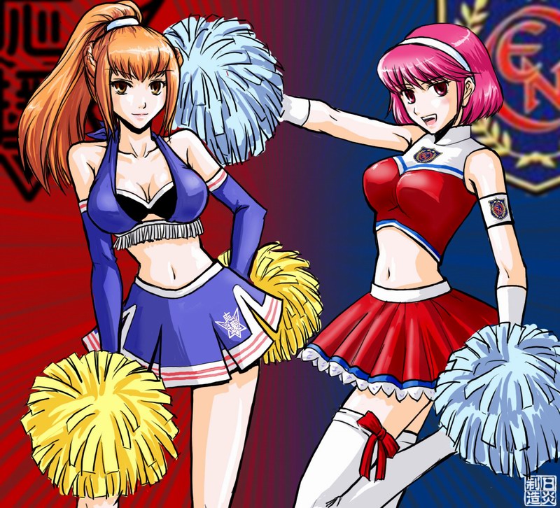 amemiya_sayaka, cheerleader, headband, midriff, multiple_girls, navel, osu!_tatakae!_ouendan, pink_hair, pom_poms, ponytail, red_hair, redhead, riyan, shirosaki_rin, thigh-highs, thighhighs