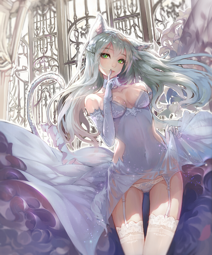 1girl, animal_ears, bare_shoulders, braid, breasts, cat_ears, cat_tail, choker