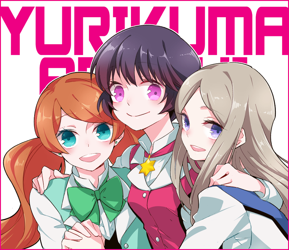 3girls, black_hair, blue_eyes, blush, brown_hair, girl_sandwich, long_hair, looking_at_viewer