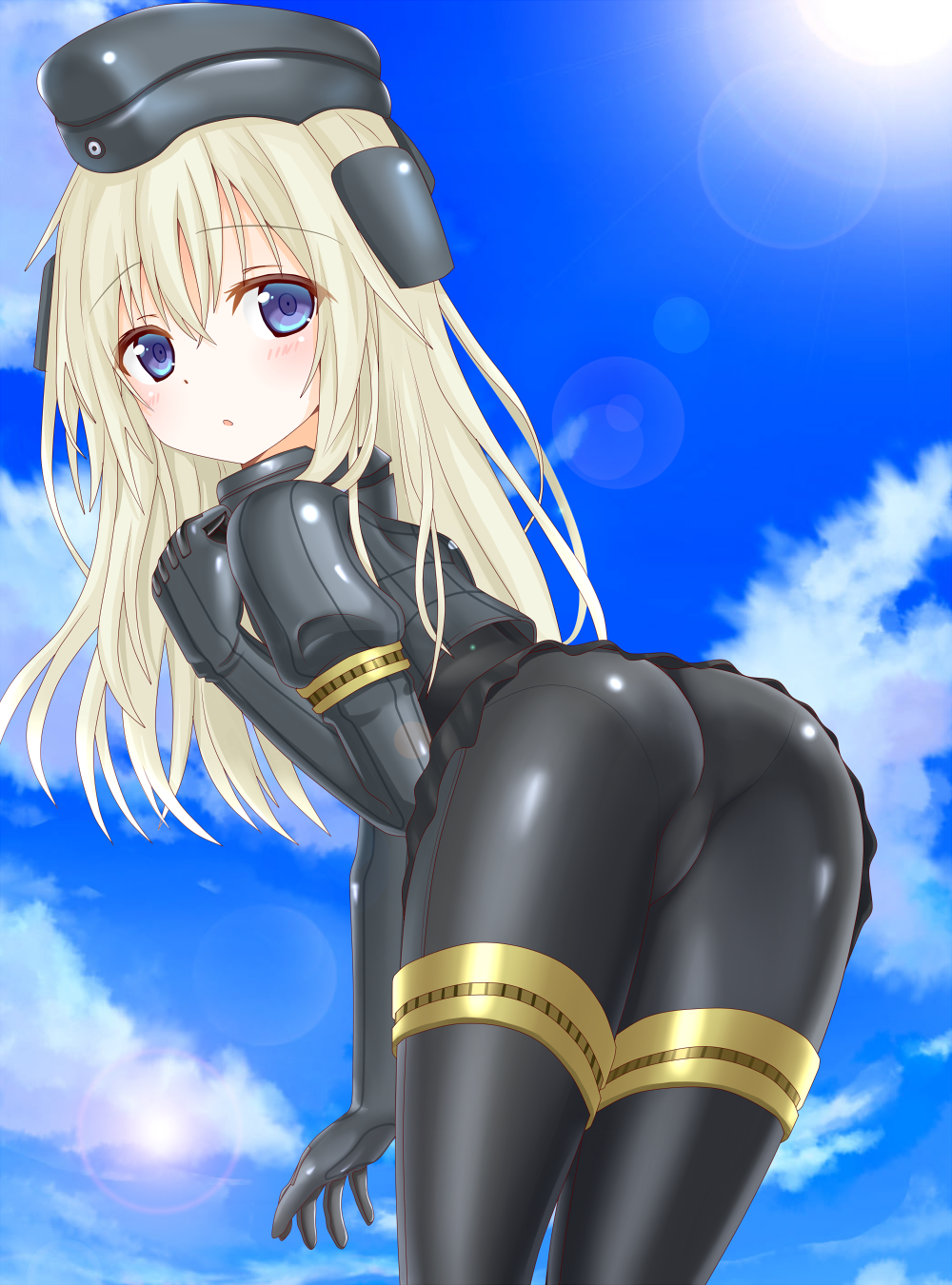 1girl, ass, bent_over, blonde_hair, blue_sky, blush, bodysuit, clouds