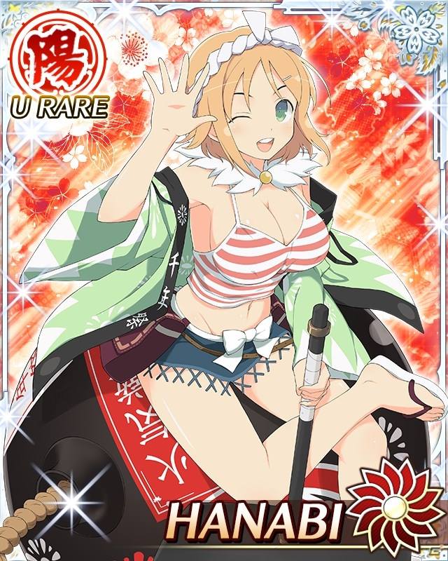 1girl, ;), bomb, bow, breasts, character_name, cleavage, emblem