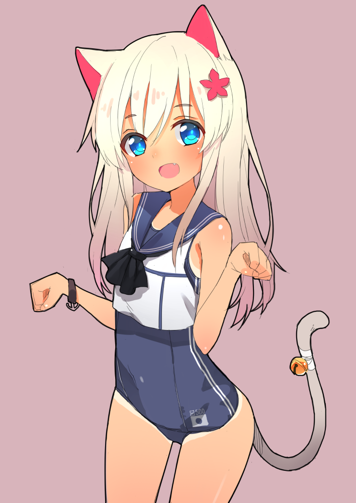 1girl, animal_ears, blonde_hair, blue_eyes, cat_ears, flower, hair_flower, hair_ornament, kantai_collection, long_hair, moriki, paw_pose, revision, ro-500_(kantai_collection), school_swimsuit, smile, solo, swimsuit, tail, tan, wristband