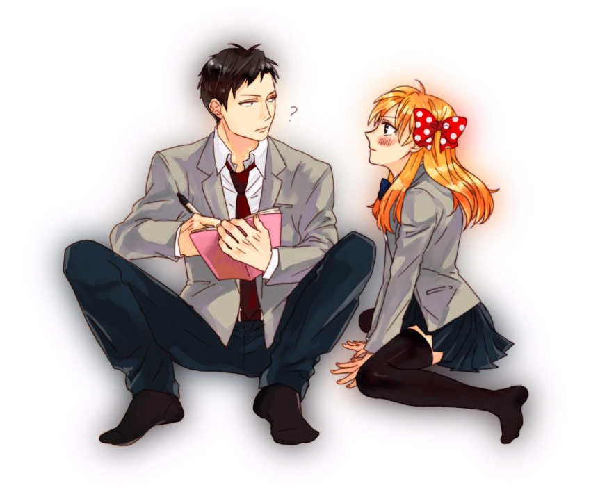 1boy, 1girl, ?, black_eyes, black_hair, black_legwear, blazer, blush