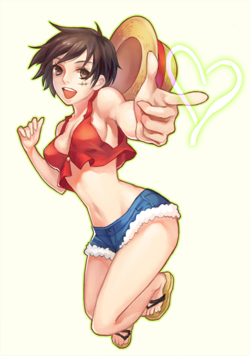 1girl, :d, breasts, brown_eyes, brown_hair, dywx_poison, genderswap, hat