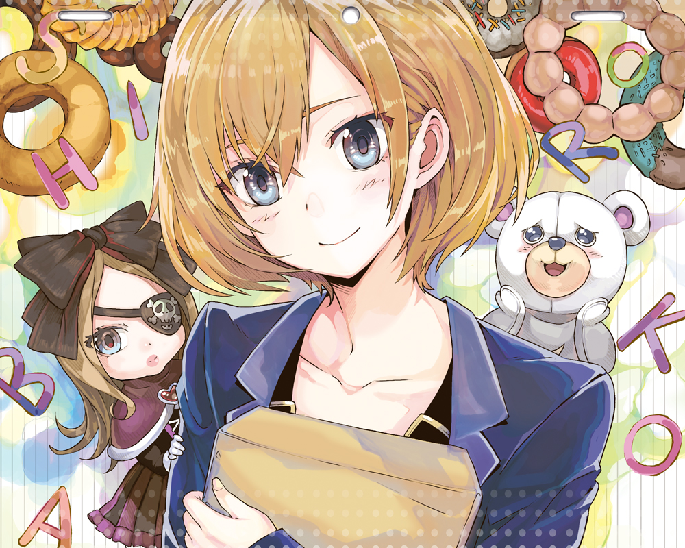 blazer, blue_eyes, blush, brown_hair, doughnut, envelope, eyepatch, hands_on_own_face
