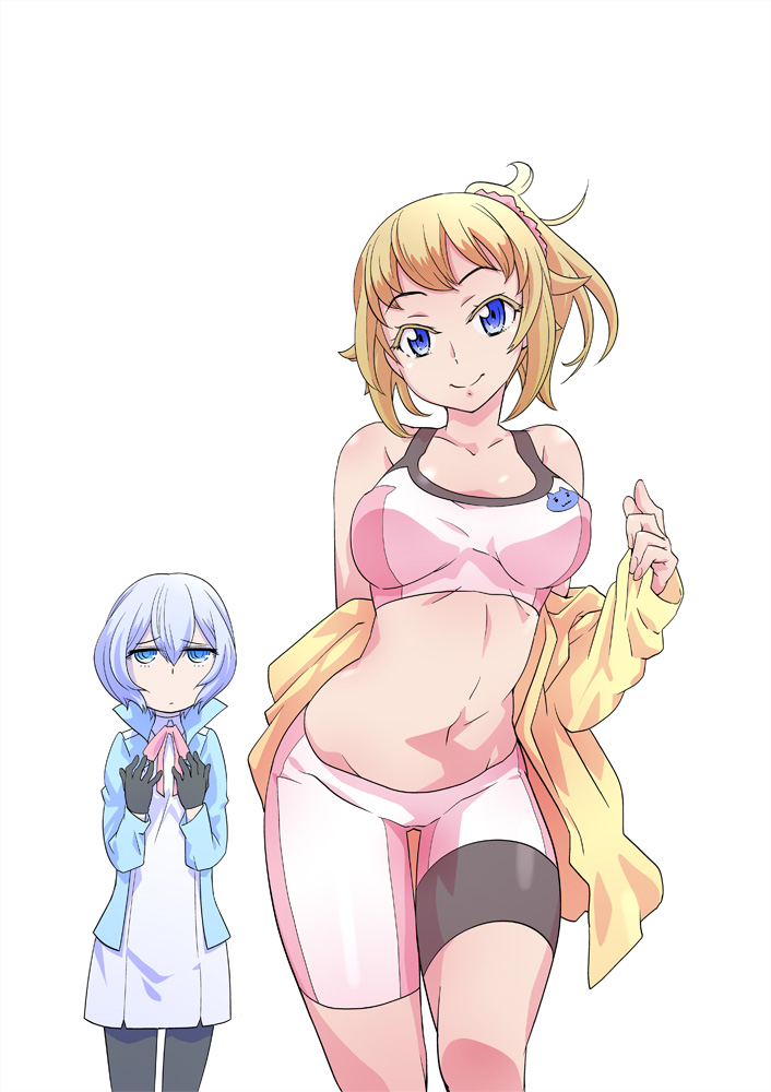 2girls, bike_shorts, black_gloves, blonde_hair, blue_eyes, blue_hair, breast_envy, breasts