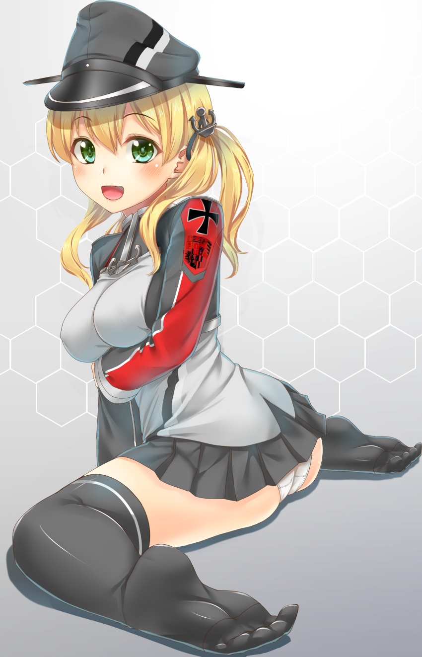 1girl, absurdres, anchor_hair_ornament, ass, black_legwear, blush, breasts, ecou