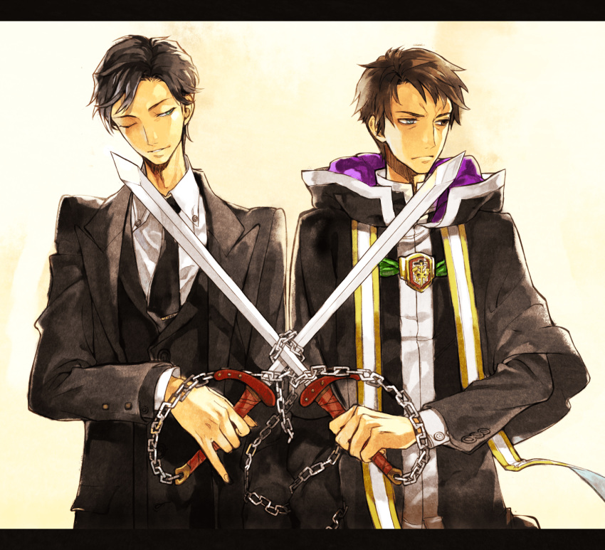 2boys, black_hair, chain, formal, highres, kesion_(orphen), majutsushi_orphen, multiple_boys