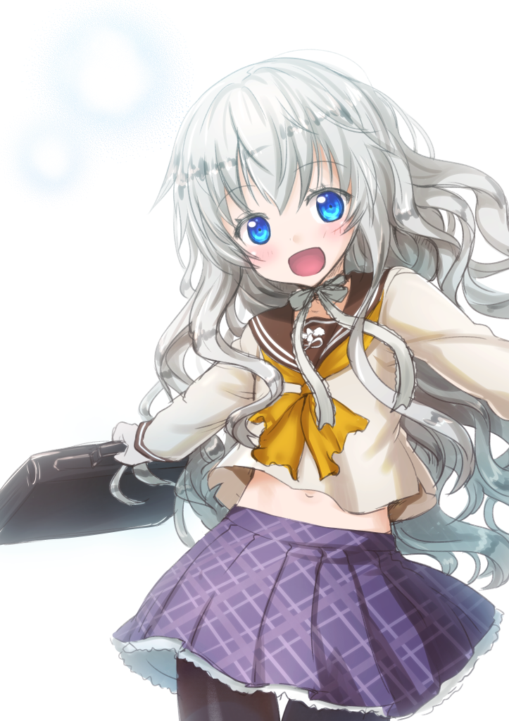bag, blue_eyes, long_hair, midriff, nakaishow, navel, open_mouth, original