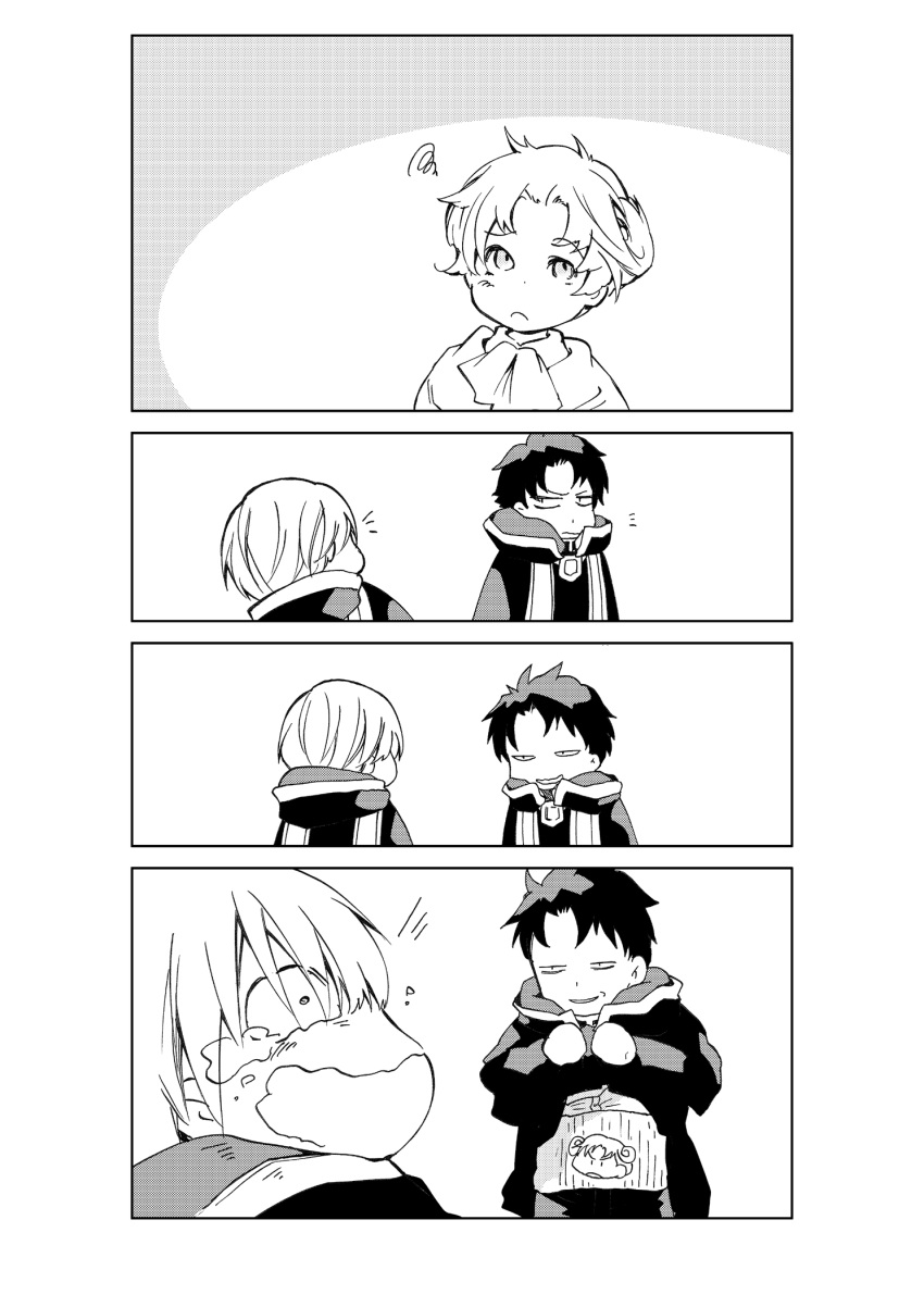 1girl, 2boys, black_hair, cleo_everlastin, comic, haramaki, highres, husband_and_wife, long_hair, majic_lin, majutsushi_orphen, monochrome, multiple_boys, nagasode, orphen, short_hair, sleeping
