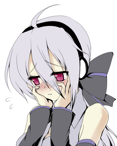 blush, chibi, detached_sleeves, looking_down, lowres, minoru, red_eyes, ribbon