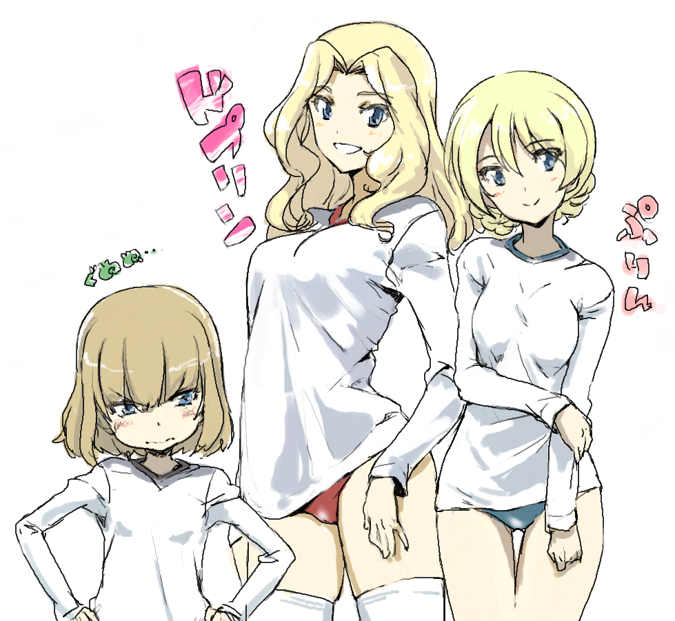 3girls, blonde_hair, blue_eyes, breast_envy, buruma, darjeeling, girls_und_panzer, gym_uniform
