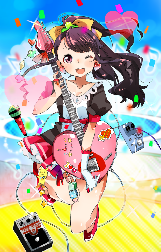 1girl, ;d, bag_charm, bangs, breasts, cable, cleavage, confetti