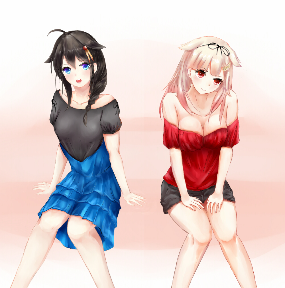 :d, ahoge, alternate_costume, black_hair, blonde_hair, blue_eyes, braid, breasts