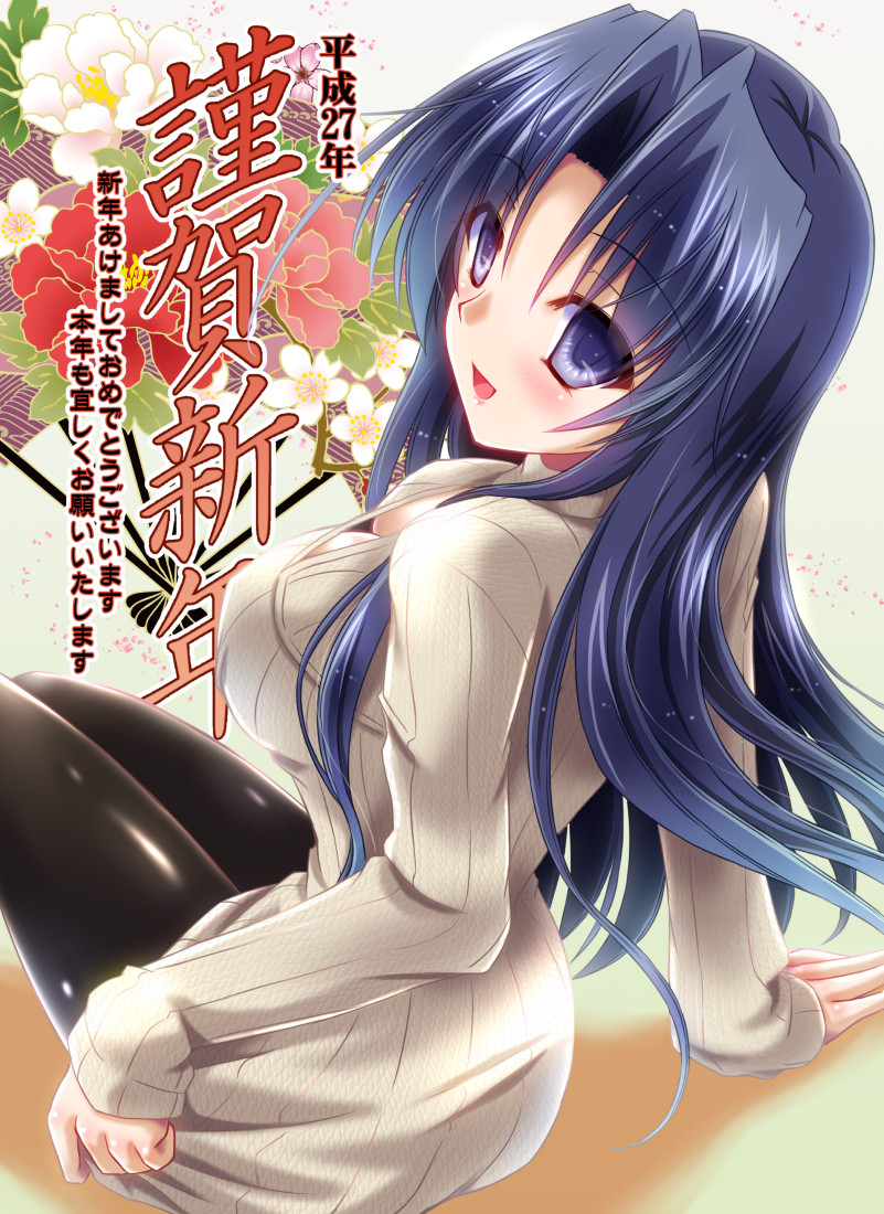 1girl, blue_eyes, blue_hair, kawana_misaki, one_-_kagayaku_kisetsu_e, open-chest_sweater, solo, sweater