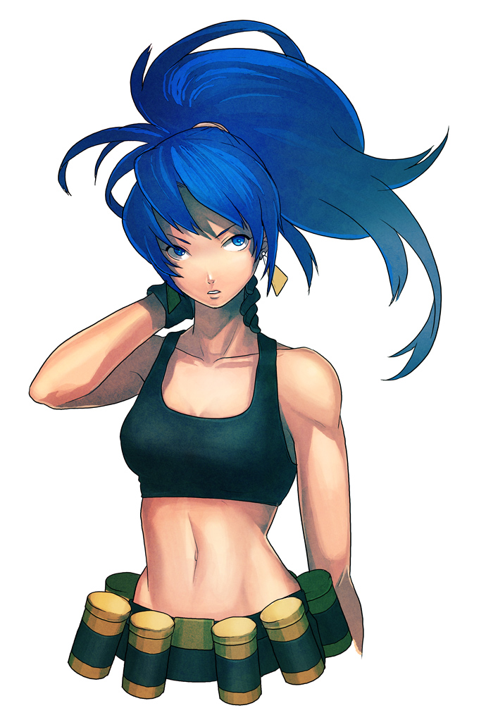 bandolier, bare_shoulders, blue_eyes, blue_hair, breasts, crop_top, earrings, jewelry, juuden, king_of_fighters, leona_heidern, midriff, military, navel, snk, solo, tank_top, toned